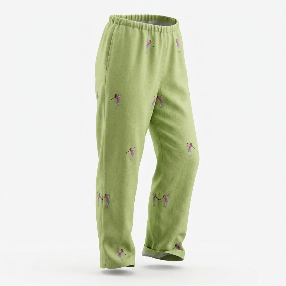Natalie & Me Pants Women PS Golf Embroidered Linen Blend Green Straight Leg VTG